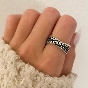 925 Sterling Silver Curb Chain Ring Stackable Layer Ring Modern Adjustable Ring